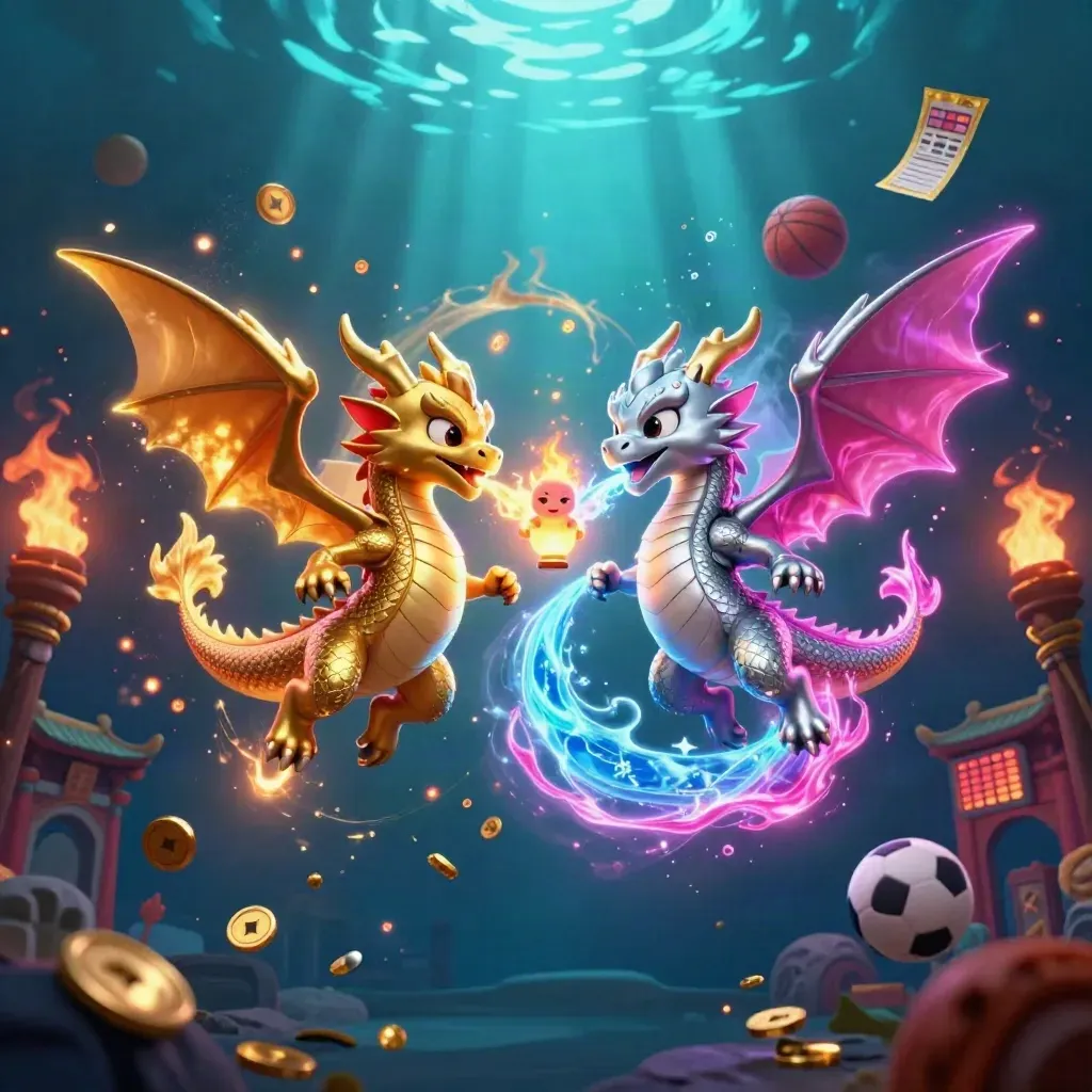 Gold and silver dragons swirl with fire and ice around a lantern spirit in neon casino light.