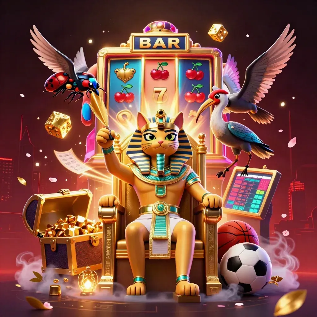 Pharaoh cat, ibis scribe, and scarab beetles amid slot reels, gold, and neon casino energy.