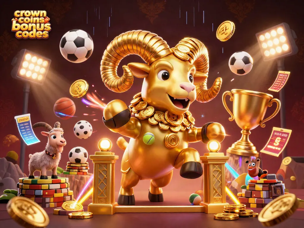 Win with crown coins bonus codes in an exciting casino-themed 3D illustration filled with vibrant elements.