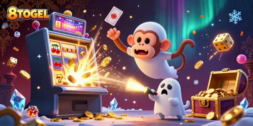 Engage in thrilling casino action at 8TOGEL featuring a poltergeist monkey juggling gold alongside a ghost-hunter puppy.
