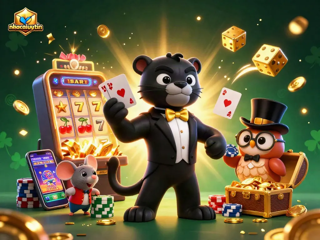 nhacaiuytin showcases a lively casino scene with a stylish panther dealing cards amidst vibrant slot game elements.