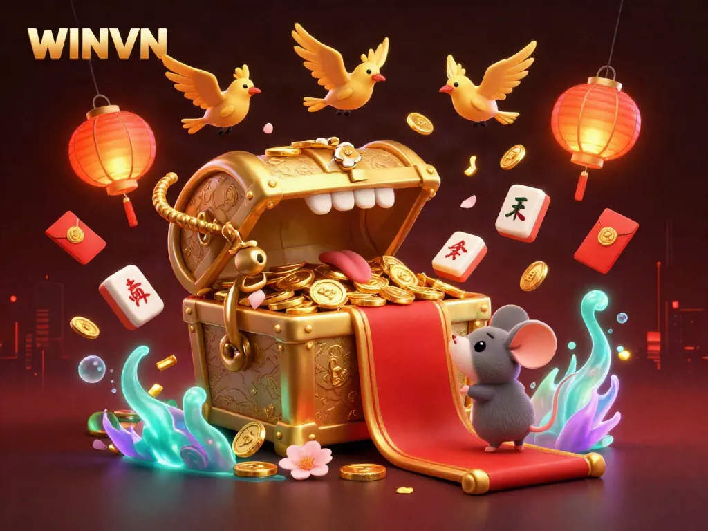 WINVN offers a rich gambling experience with a vibrant illustration featuring gold treasures and festive game elements.