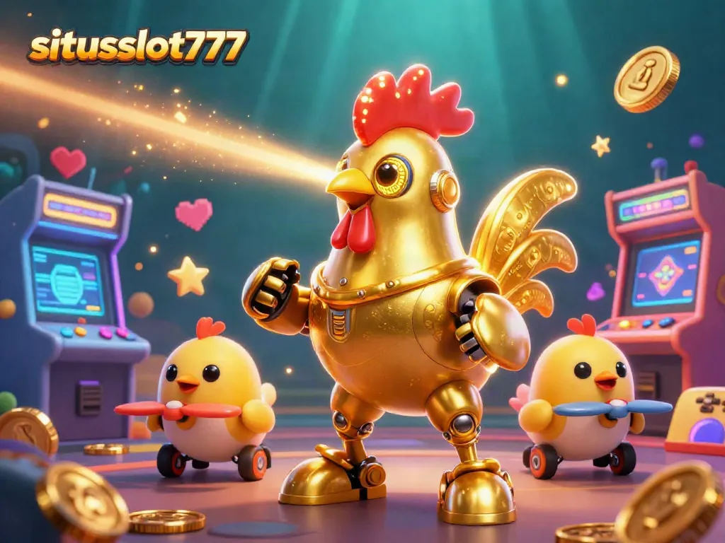 Engage with situsslot777's thrilling arcade atmosphere featuring golden rooster robots and vibrant games.