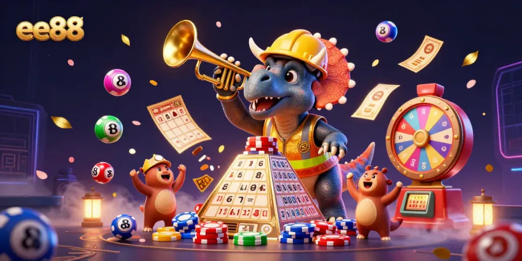 Engage in thrilling gameplay with ee88 as a triceratops builds poker chip pyramids amidst vibrant casino elements.
