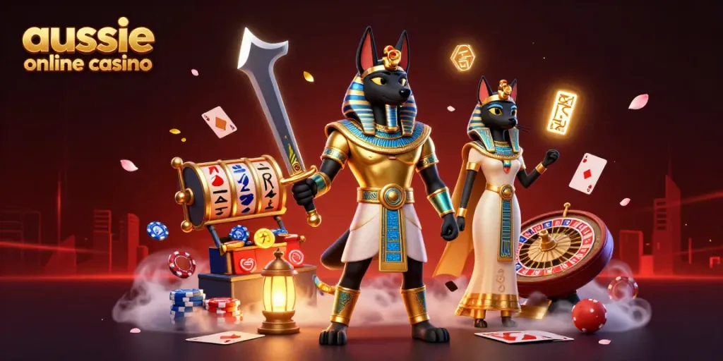 Engage with the vibrant atmosphere of an aussie online casino featuring ancient Egyptian icons amidst rich gambling elements.
