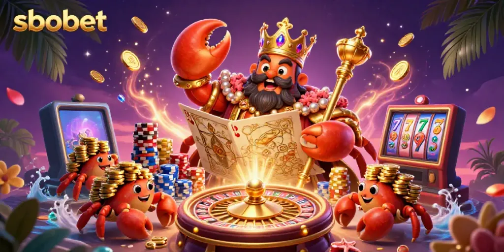 Experience sbobet betting with a golden crab emperor leading the vibrant casino scene full of action.