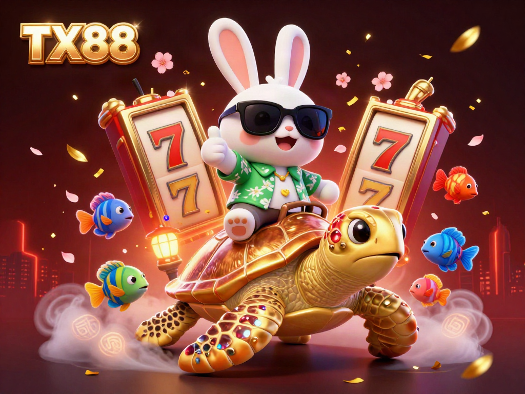 Experience thrilling action at TX88 with an energetic cartoon scene showcasing winning slots and fun gaming elements.