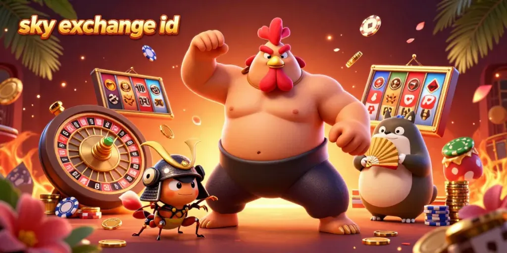Experience thrilling action with sky exchange id as a sumo wrestler rooster, samurai cricket, and announcer showcase a vibrant casino scene.