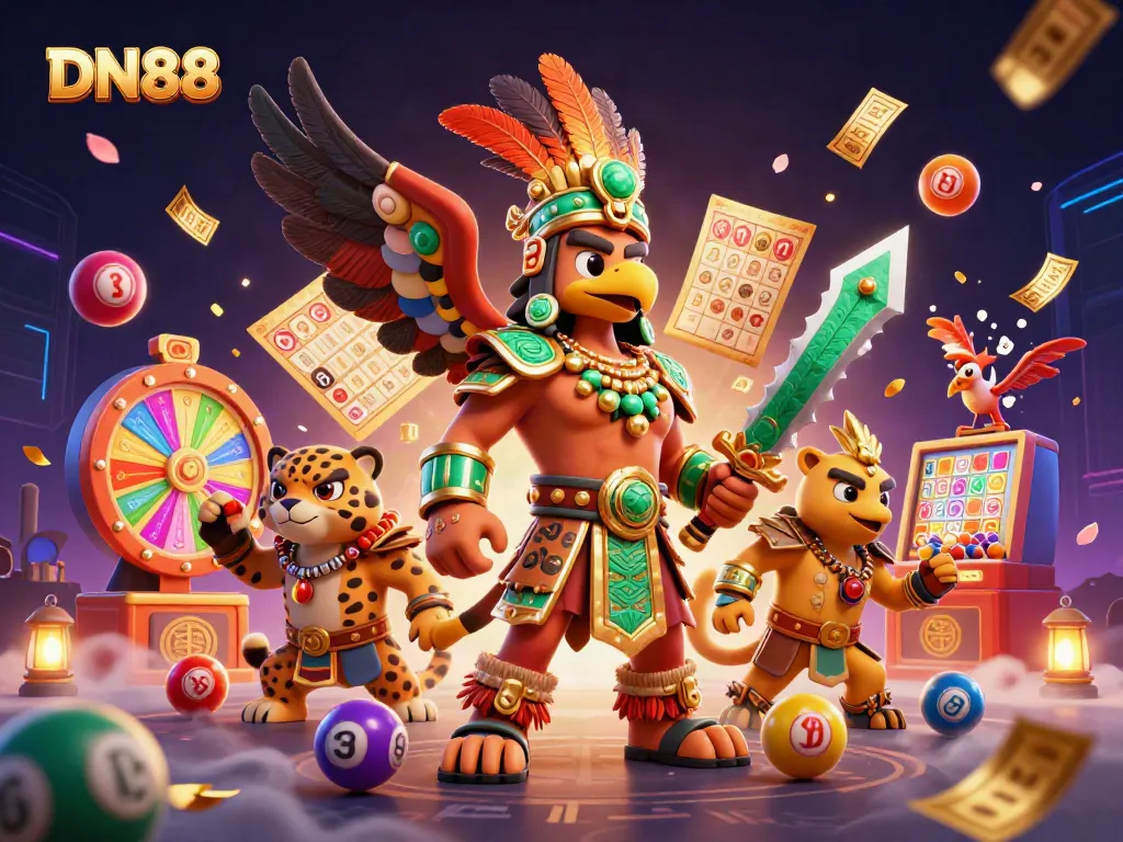 Experience DN88's vibrant online casino landscape with exciting cartoon characters and dynamic game elements.
