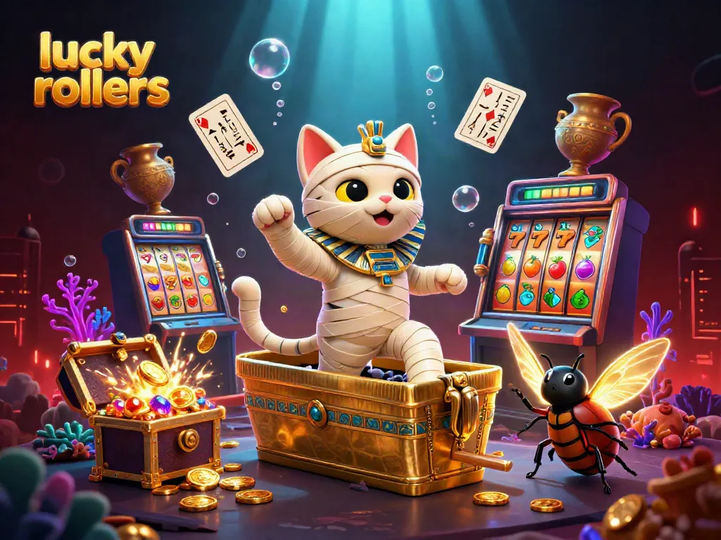 Engage in thrilling gaming adventures at lucky rollers with Egyptian-themed characters and vibrant casino elements.