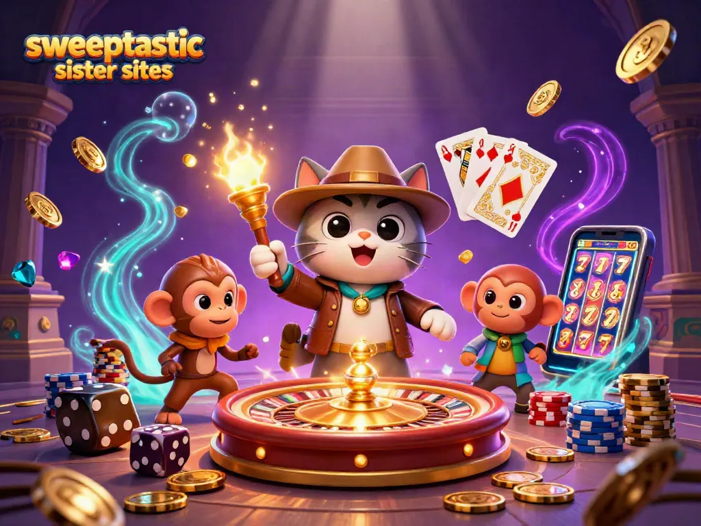 Sweeptastic sister sites shine in this vibrant 3D scene, showcasing a playful exploration of casino treasures.