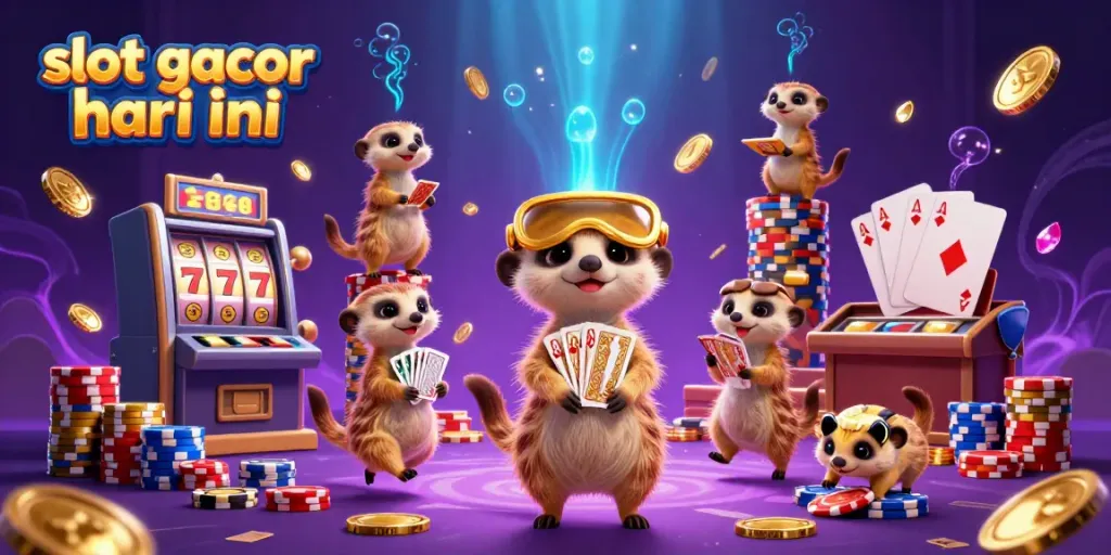 Slot gacor hari ini, koloni meerkat menjalankan kasino dengan banyak koin emas dan permainan slot, menciptakan energi yang dinamis.