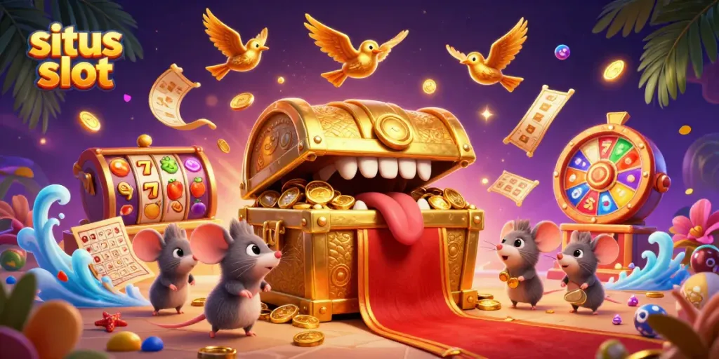 Ilustrasi 3D situs slot yang menampilkan karakter pemandu menarik simbol keberuntungan untuk pemain.