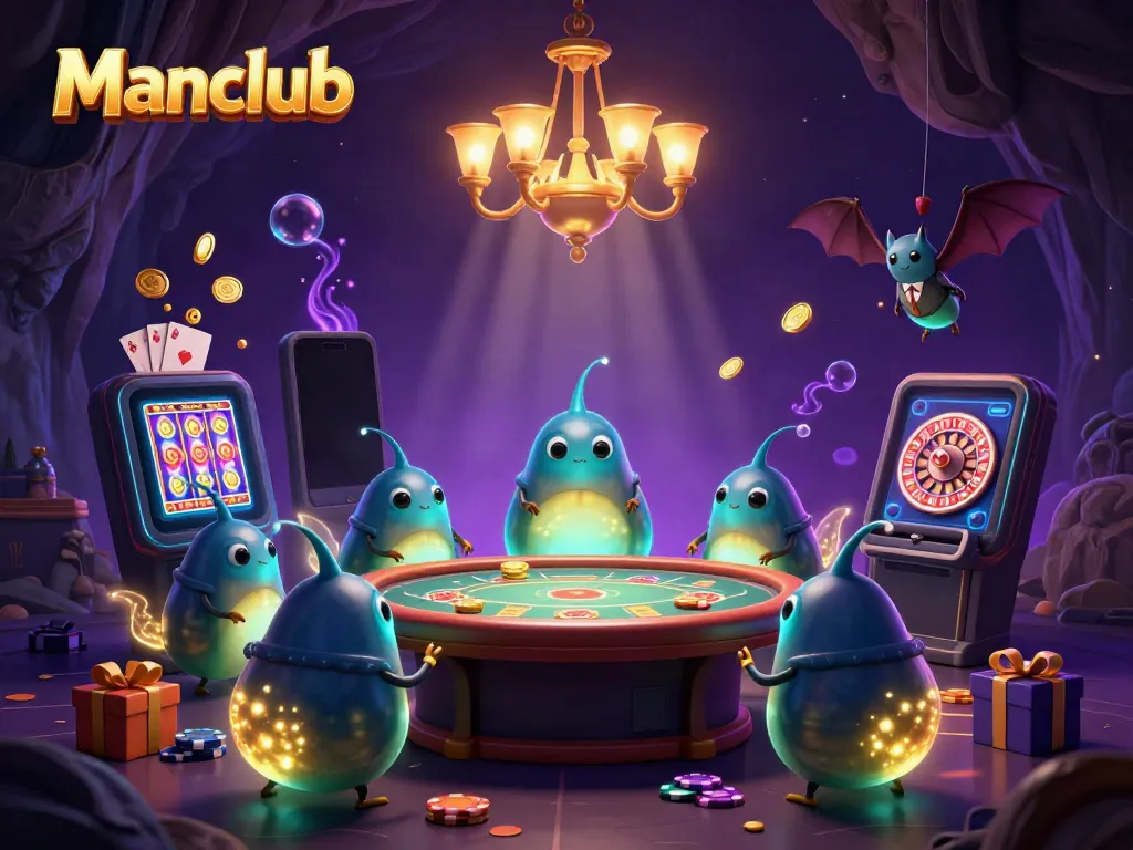 Experience the excitement of Manclub with vibrant glowworms lighting up a casino scene filled with games and winning opportunities.