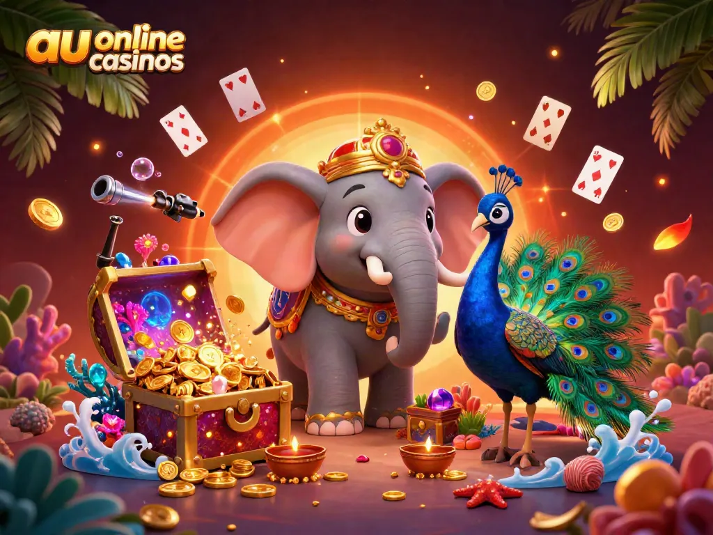 Engaging scene showcasing the vibrant world of au online casinos, featuring a Diwali-themed elephant and a peacock surrounded by colorful gems and treasure.