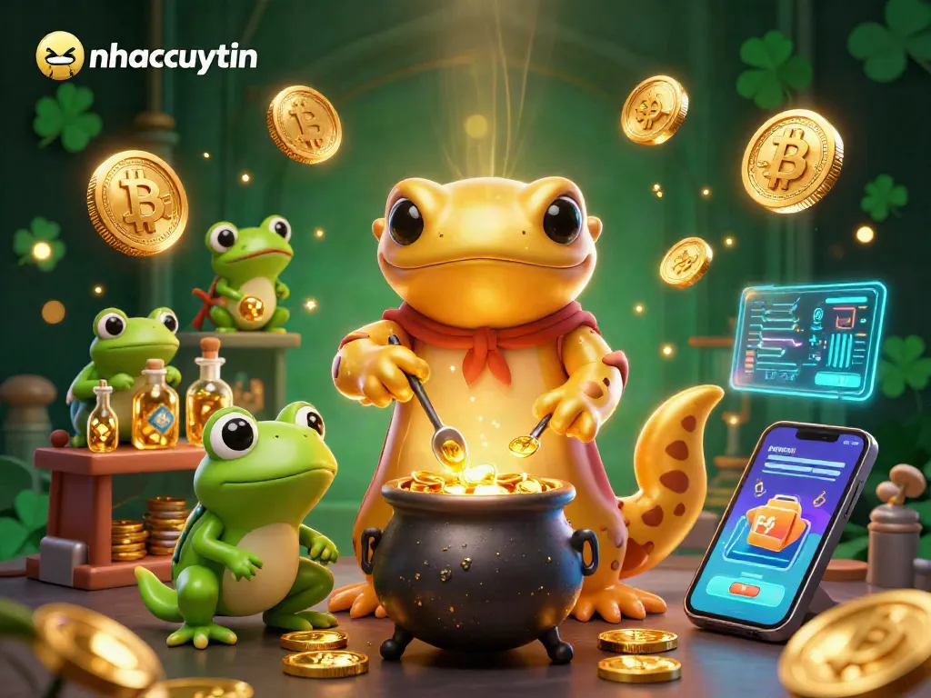 Engage with nhacaiuytin in an immersive 3D casino scene featuring gold alchemy and vibrant crypto elements.