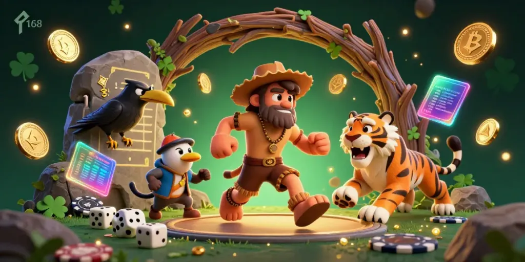 Experience the thrill of f168 with a vibrant 3D casino scene featuring playful characters and dynamic game elements.