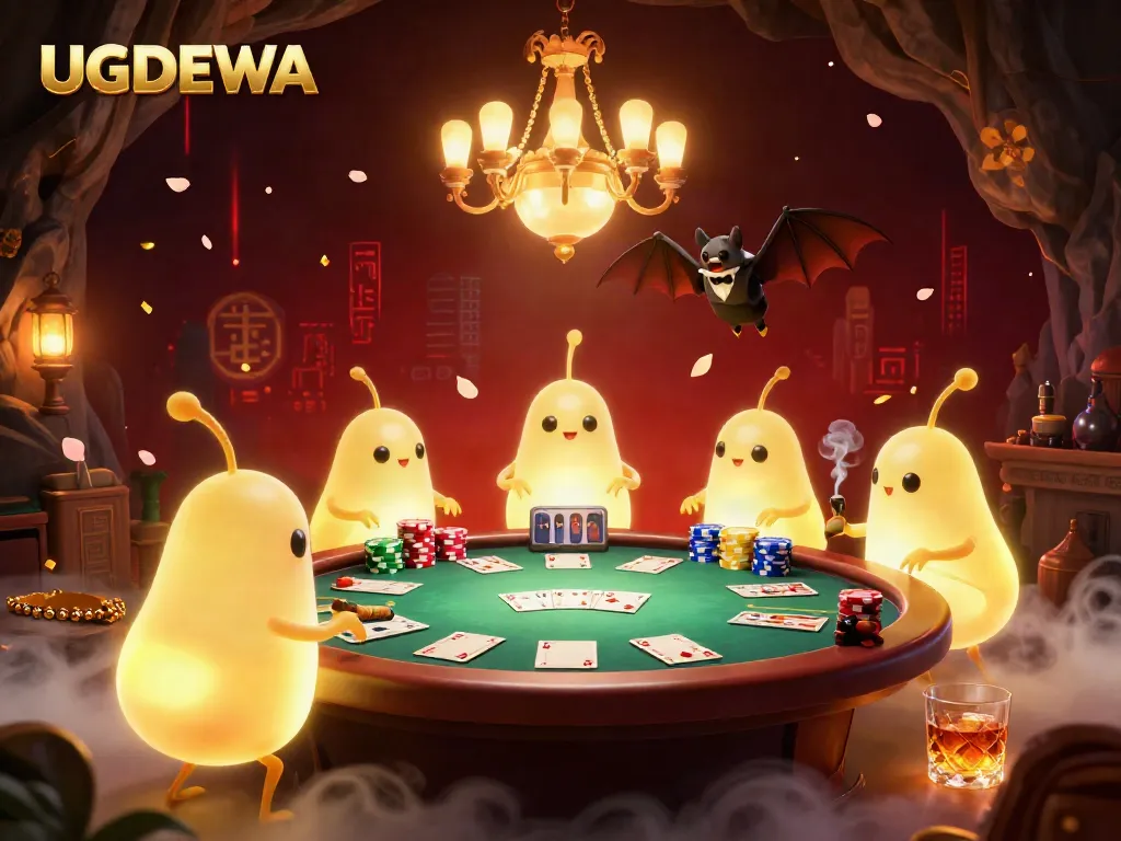 Experience the vibrant UGDEWA cave casino illuminated by glowworms and bat dealer.