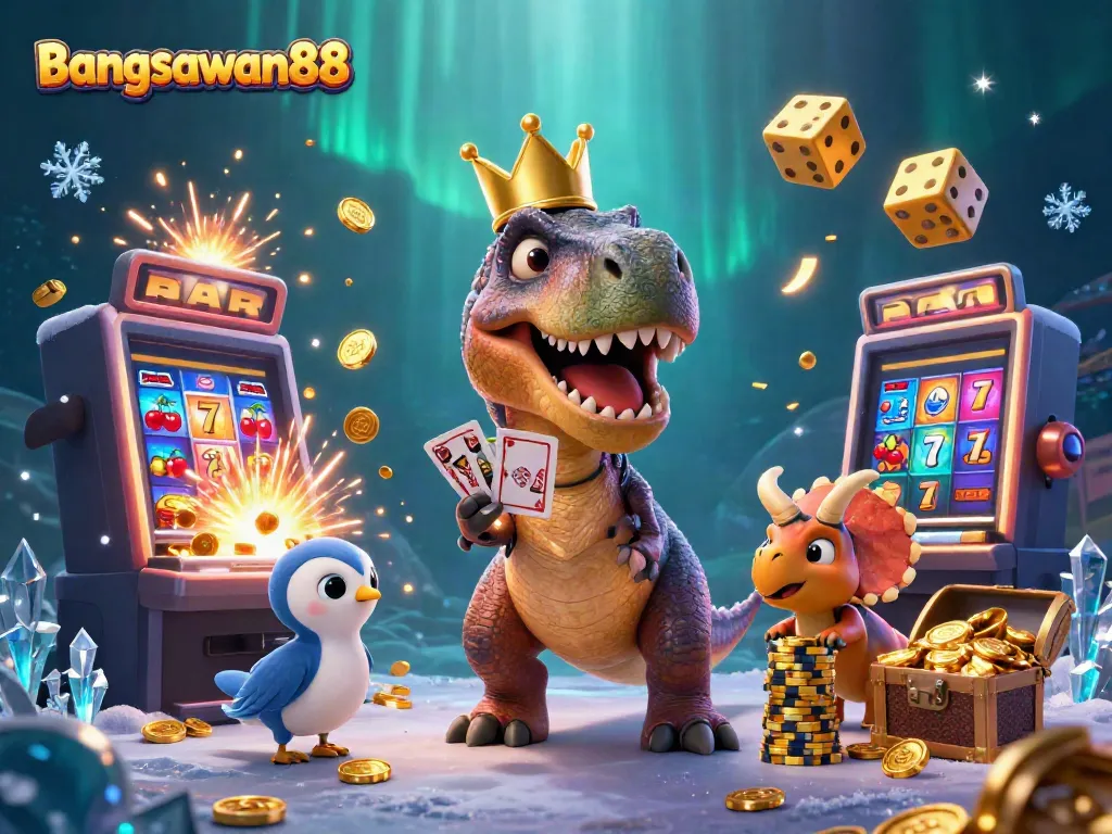 Experience thrilling games and jackpots at Bangsawan88 with engaging characters in a vibrant casino scene.