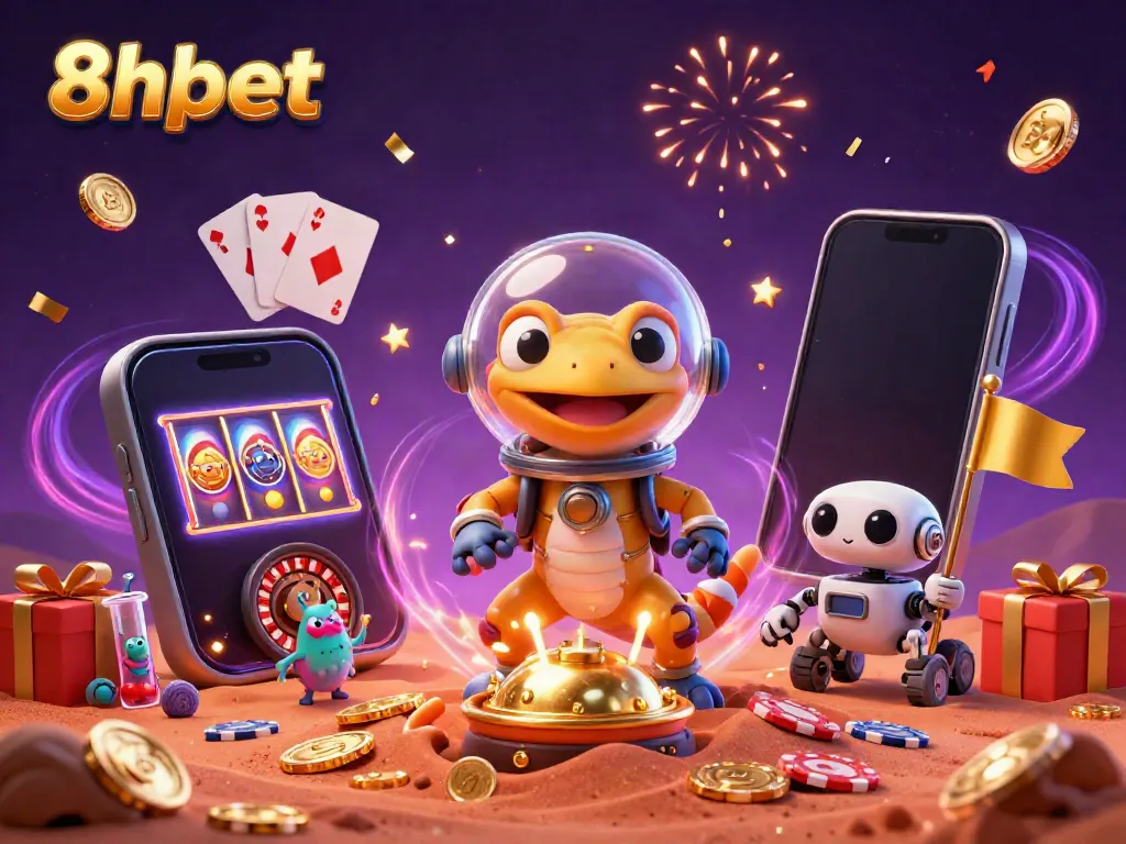 Spin the reels and win big at 8xbet with a vibrant casino scene featuring a Martian gecko.