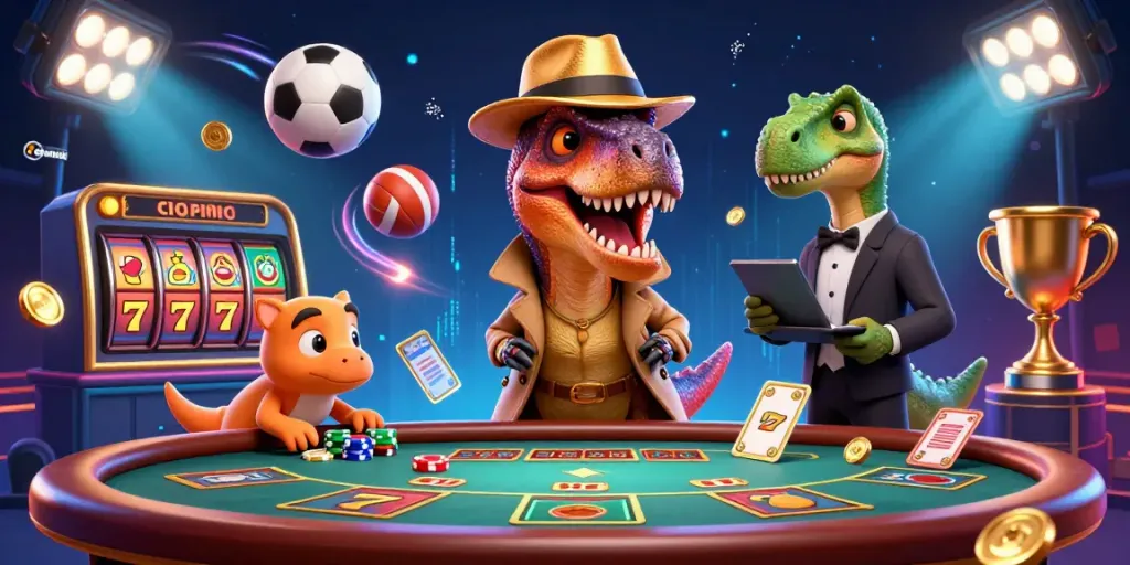 Experience the thrills of edwinslot with vibrant casino action featuring a cartoon velociraptor card counter.