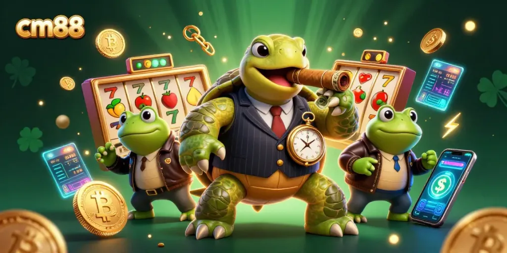 Experience the thrill of cm88 with cartoon characters, vibrant slot games, and rich casino elements.