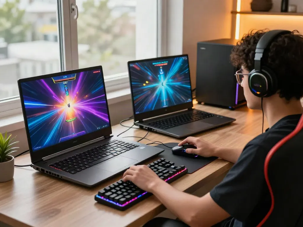 Player enjoying qqmacan slot game on a modern gaming laptop with vibrant graphics.