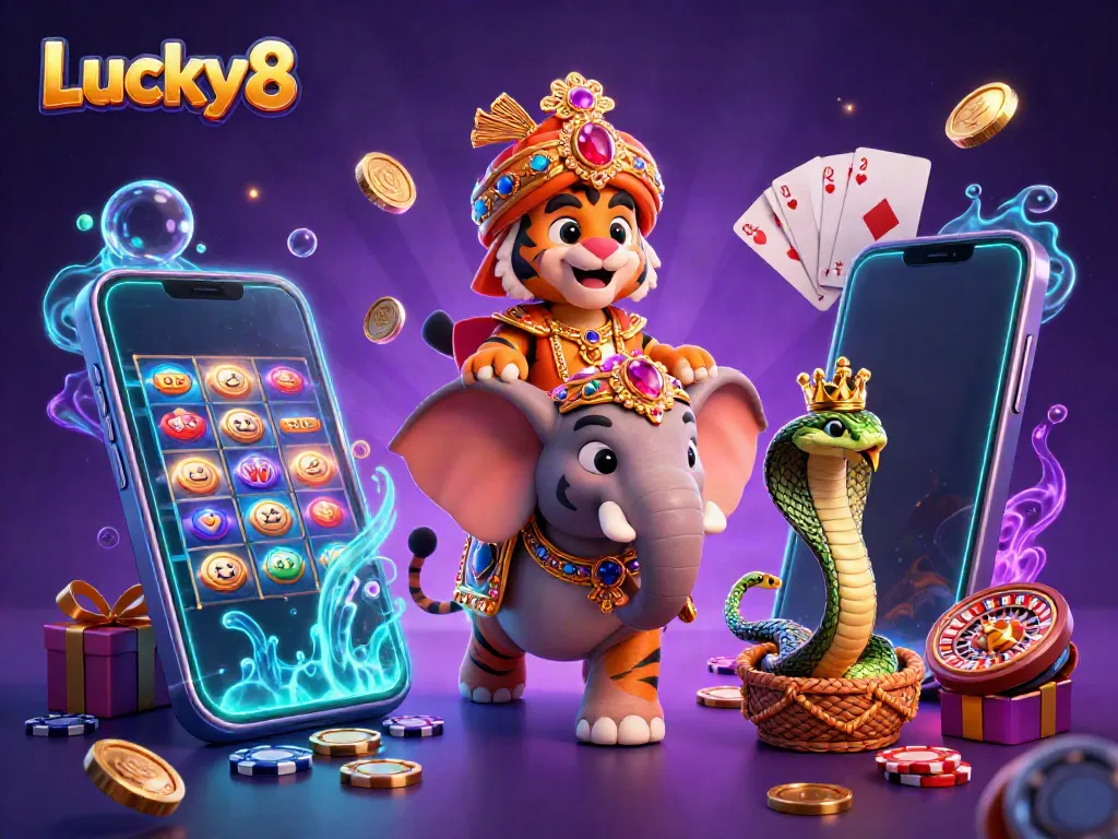 Engage with Lucky8's vibrant casino adventure featuring a maharaja tiger, jewel-encrusted elephant, and dynamic game elements.