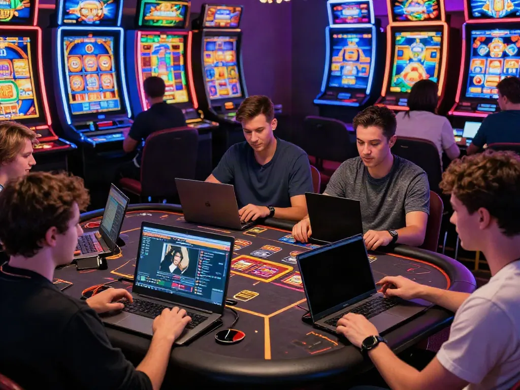 A80 online casino gaming scene with diverse players enjoying various games on their devices.