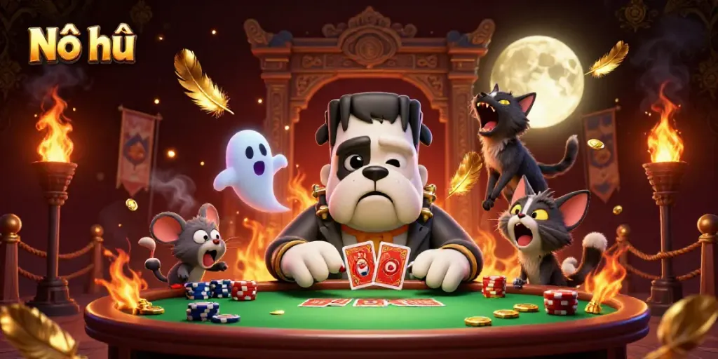 Nổ hũ features a cartoon bulldog dealer, ghost mouse, and werewolf kitten in a vibrant casino scene.