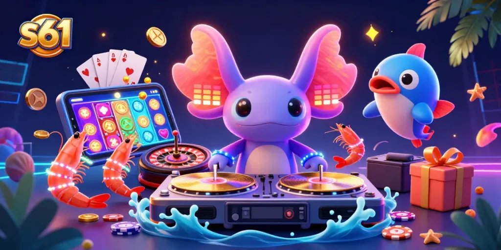 Experience the vibrant world of s61 slots with a neon DJ axolotl, dancing shrimp, and immersive casino elements.