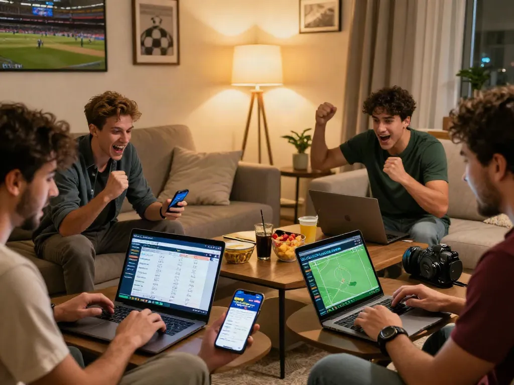 Engaged players using lotus365 for cricket, football, and tennis betting in a cozy living room setting.