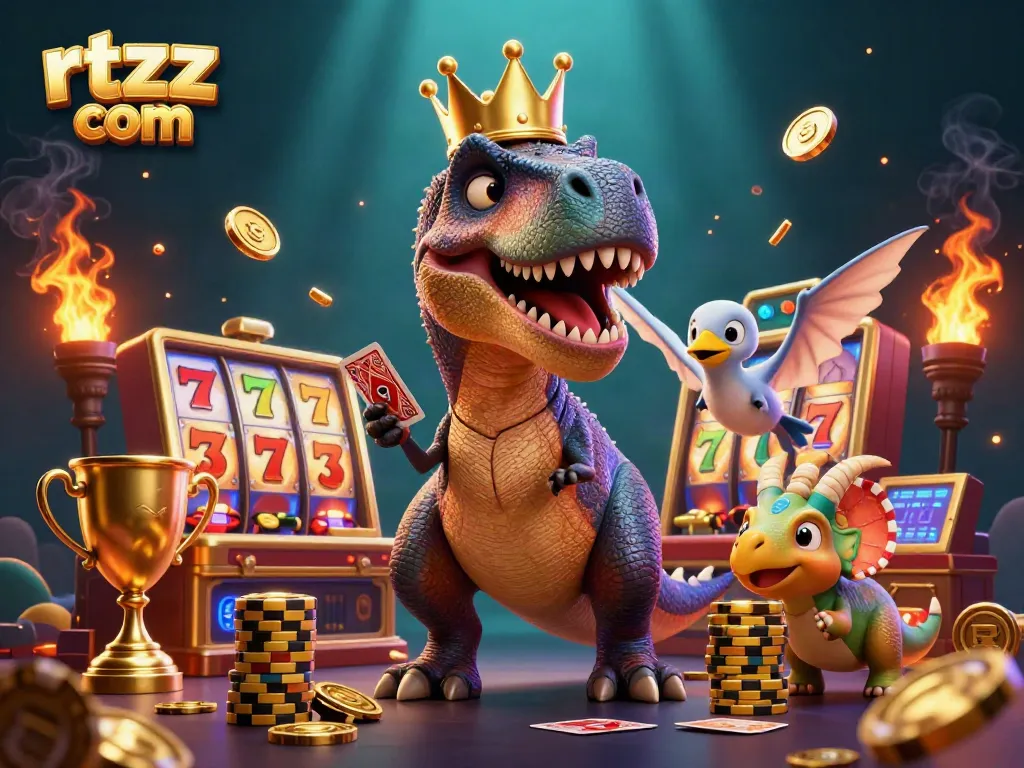 Join the excitement at rtzz com as a T-Rex shuffles cards with a pterodactyl assistant, surrounded by casino treasures.