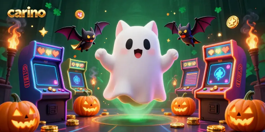 Experience thrilling adventures with carino in a haunted casino featuring a ghost cat and magical game elements.