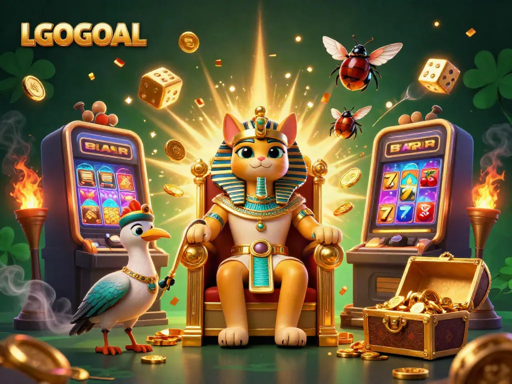 Experience the excitement of LGOGOAL with a pharaoh cat and jackpot slots in vibrant 3D detail.