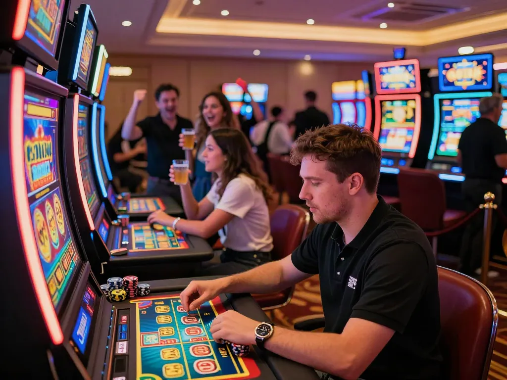 Excited players engaging with buy feature slots at a vibrant casino.