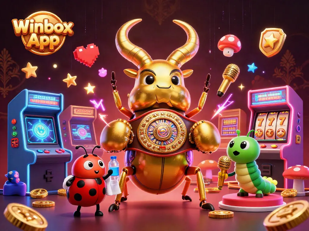 Engage with the Winbox App in a vibrant casino scene featuring a champion beetle duel.