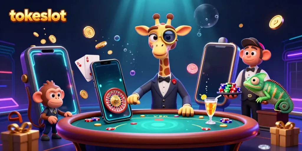 Spin and win with tokeslot’s vibrant casino illustration of a high-roller giraffe at a poker table.