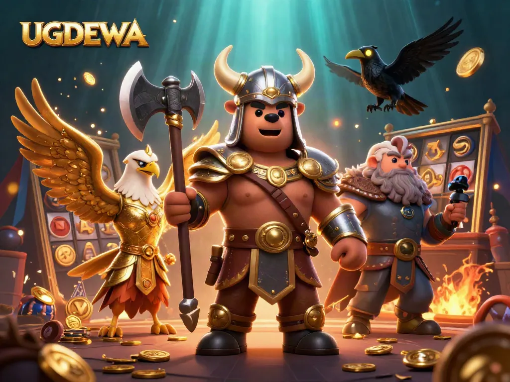 Spin the reels with UGDEWA, featuring Viking champions and golden slot symbols in an epic casino scene.