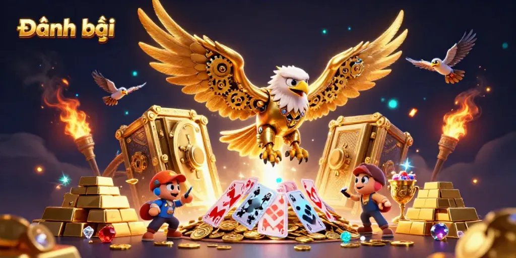 Experience thrilling Đánh bài action with a cybernetic eagle in an extravagant casino scene.