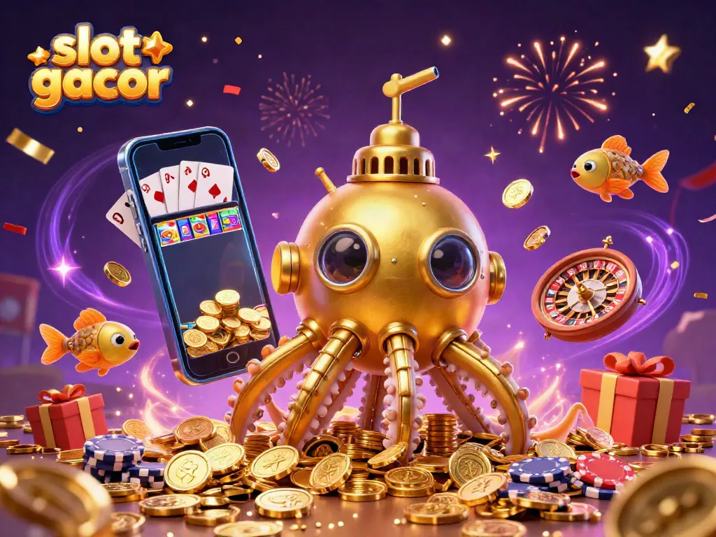 Spin to win with slot gacor: A dynamic illustration of a golden kraken and slot game elements.