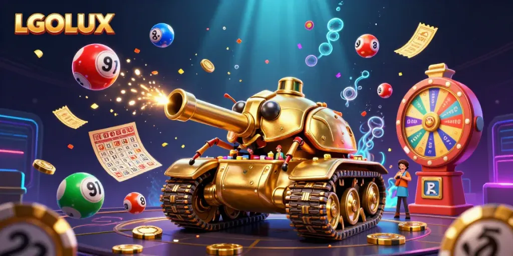 Experience the excitement of LGOLUX with a 3D animated casino scene featuring vibrant games, colorful elements, and dynamic energy.