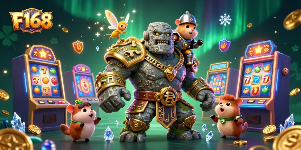 Experience exciting gaming adventures with F168’s immersive cartoon casino scene featuring a golem, fairy, and hamster knight.