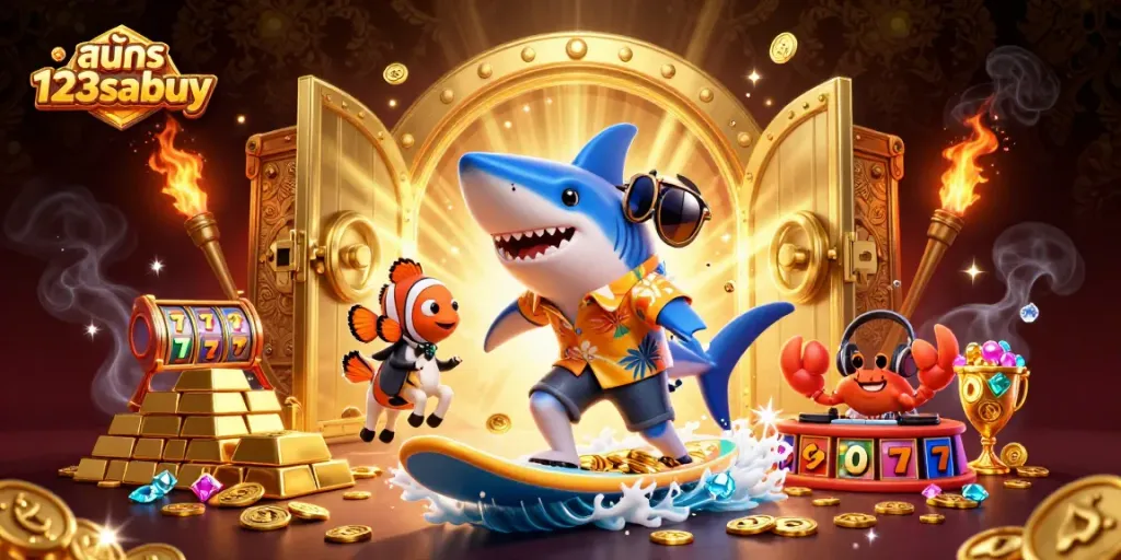 Play สมัคร 123sabuy with vibrant 3D characters surfing on golden coins surrounded by casino elements.