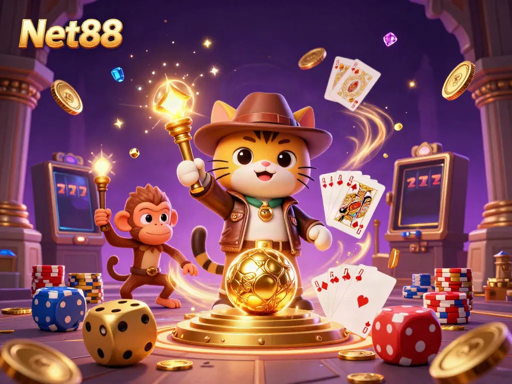 Experience thrilling wins with Net88 in this vibrant 3D casino adventure illustration.