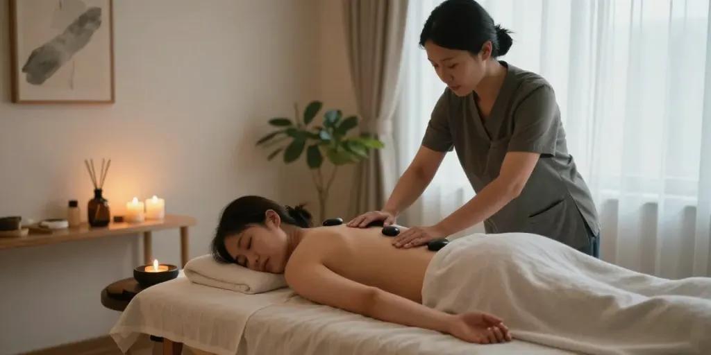 Experience a soothing 구리출장마사지 in a tranquil therapy room with soft lighting and calming ambiance.