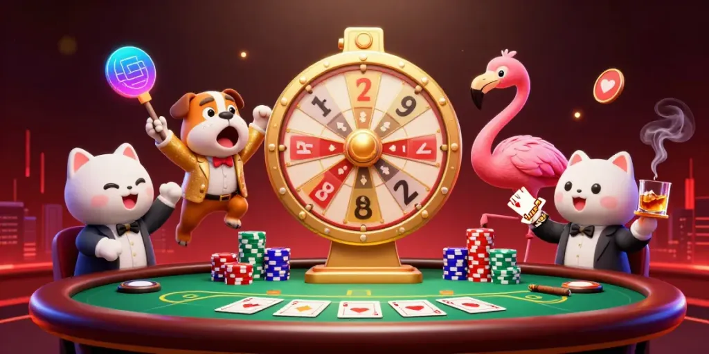Spin to win with ssucv666's exciting game show scene featuring poker elements and dynamic characters.