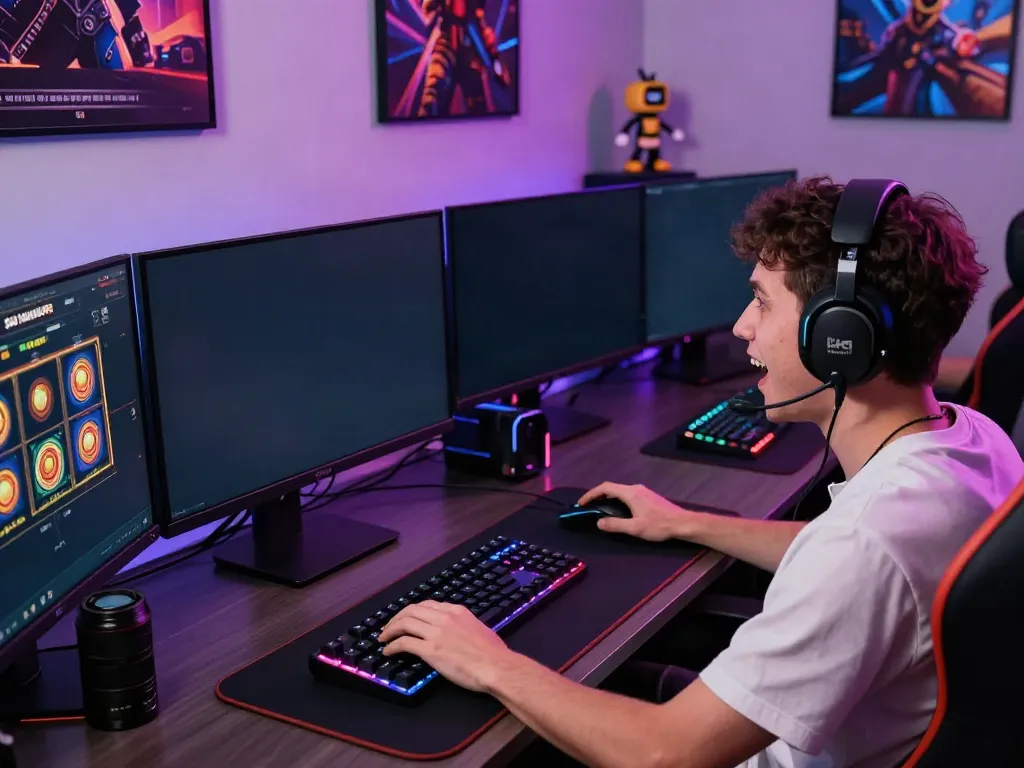 Gamer enjoying Slot MAHJONGJP88 on desktop with multiple screens in a vibrant atmosphere.
