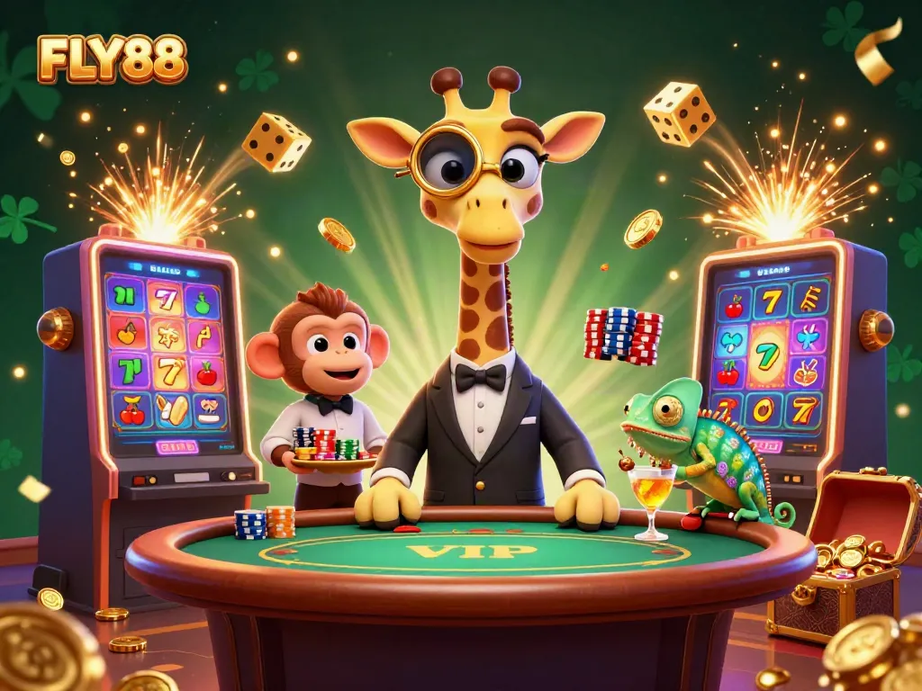 FLY88 enhances your gaming experience with a vibrant casino scene featuring a giraffe and friends.