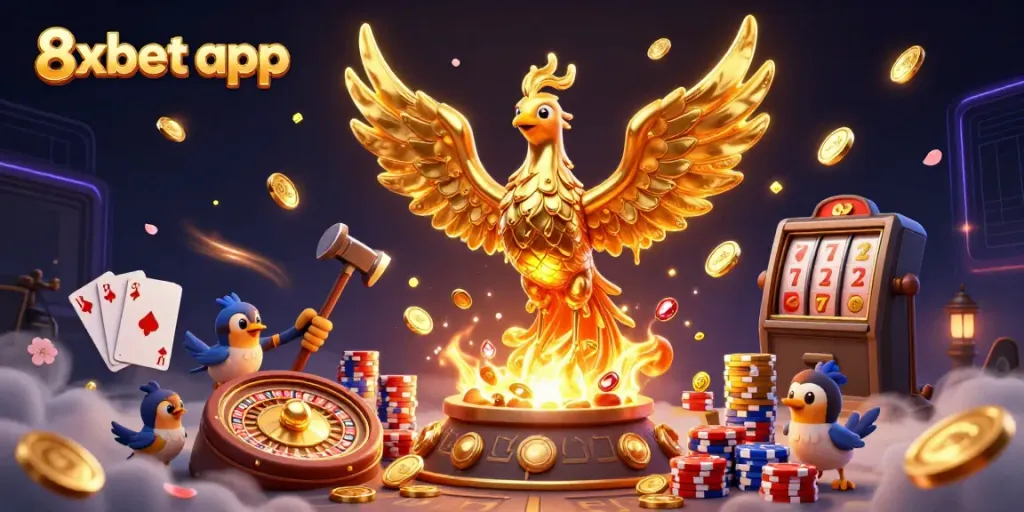 Engage with the thrilling 8xbet app as a molten phoenix rises, surrounded by casino magic.